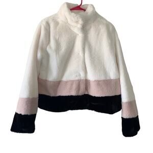 Forever 21 White/Black/Light Pink Colorblock Faux Fur Coat Jacket Large